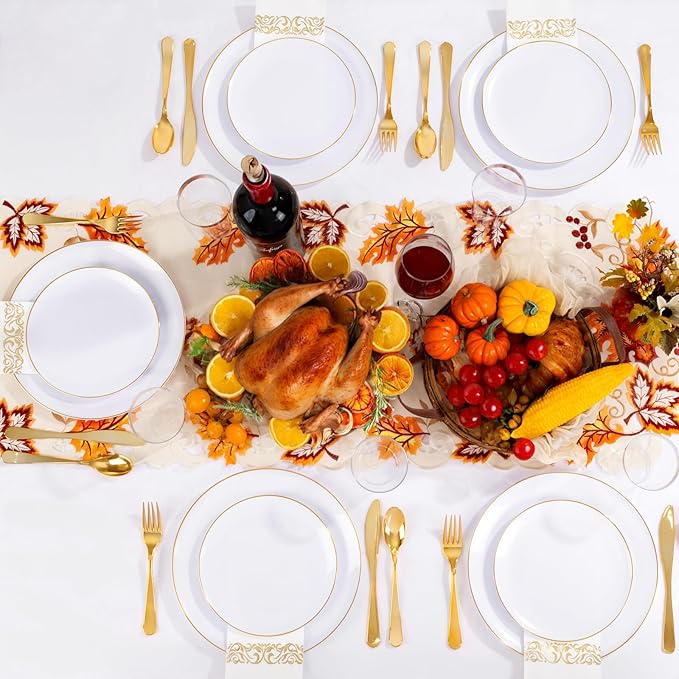 YOUBET 175PCS Gold Rimmed Plastic Plates - White and Gold Disposable Plates Includes 25 Dinner Plate, 25 Dessert Plate, 75Silverware, 25 Cups, 25 Napkins for Wedding & Party