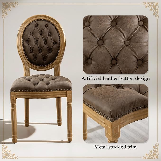 SoarFlash French Dining Chairs Set of 6, Vantage Dining Chair with Round Back, Farmhouse Country PU Leather Dining Chair for Kitchen,Bedroom,Brown