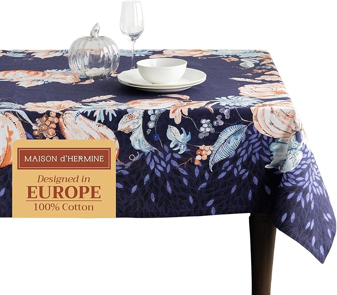 Maison d' Hermine Table Cloth Rectangle Table 100% Cotton 70 x 120 Inches Fall Tablecloth Reusable Everyday Use for Thanksgiving Christmas Decorations Dining Farmhouse Party (Pumpkin Blues)