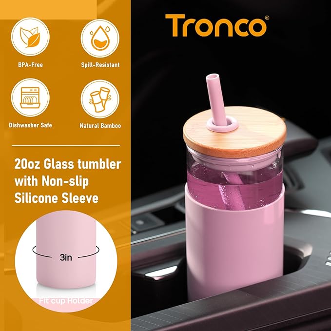 Tronco 20 oz Glass Tumbler with Lid and Straw, Iced Coffee Cup and Smoothie Cup with Bamboo Lids & Protective Silicone Sleeve, Dishwasher Safe, BPA-Free, Pink 1 Pack