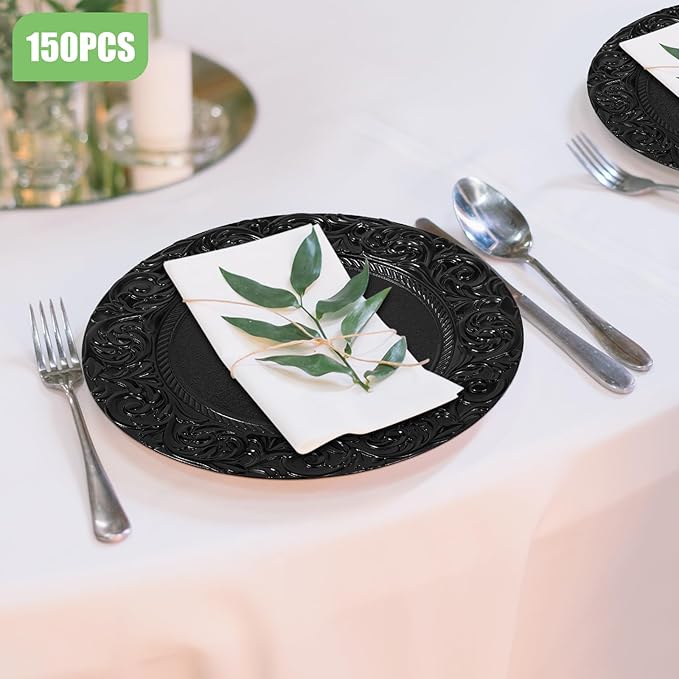 150 Pcs Charger Plates Set, Round Charger Plates, Reusable Serving Plates Embossed Rim Plastic Chargers Plate Decorative Round Plate Chargers for Dinner Plate Table Wedding Shower Decoration