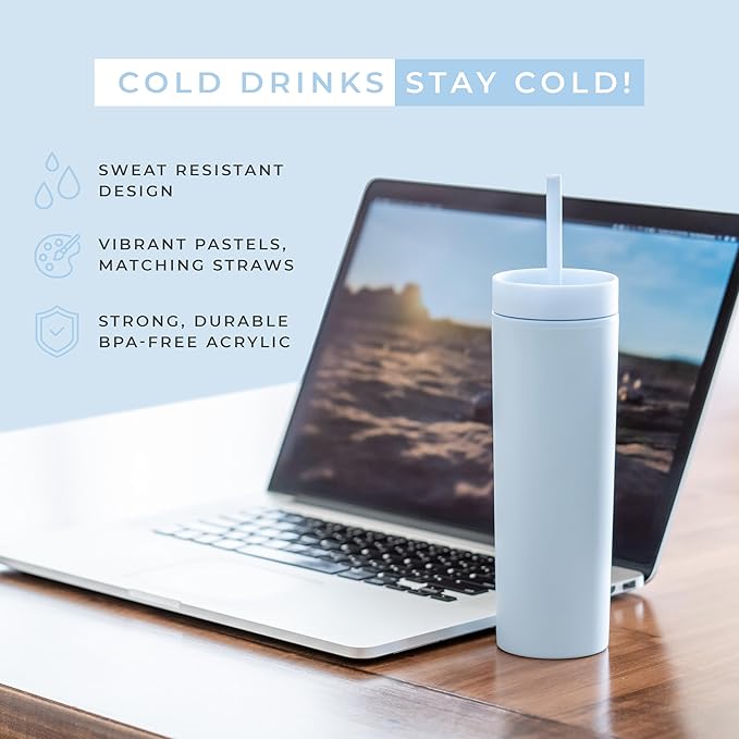 STRATA CUPS Periwinkle Skinny Tumblers with Lids and Straws (12 pack) - 16oz Double Wall Acrylic Tumbler, Tall Matte Skinny Tumblers, Bulk with Free Straw Cleaner, Reusable Cups