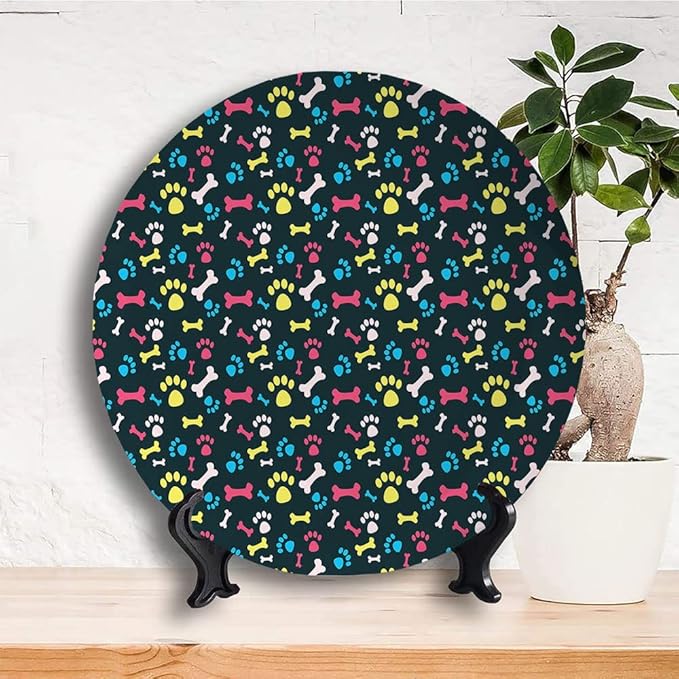 Ceramic Display Plate, Dog Lover Ceramic Hanging Decorative Plate, Cool Canine Elements Paw Marks and Bones, 8 Inch, Household Custom Ceramic Plate, Multicolor