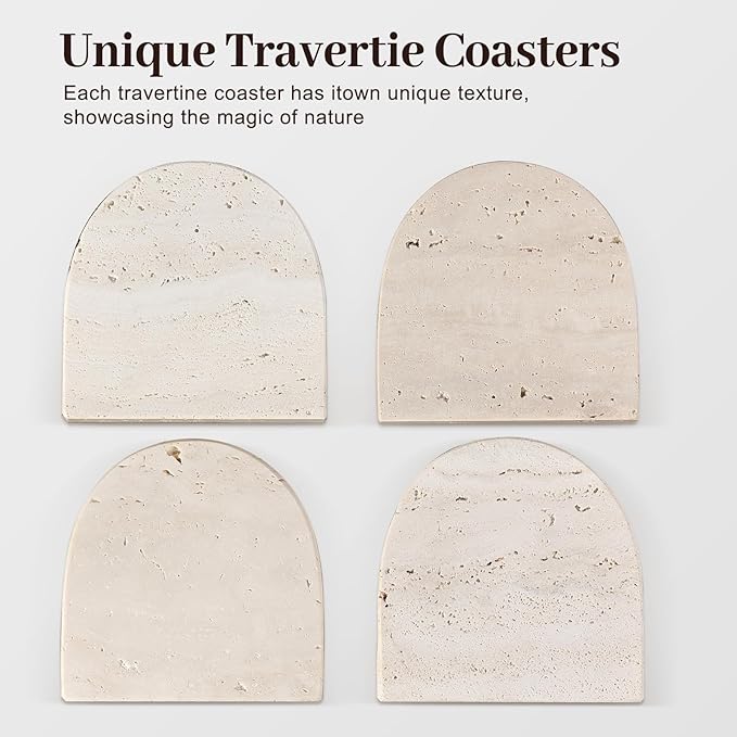 Koville Travertine Coaster Set of 4, Natural Marble Coasters for Drinks, 4" Stone Coasters Modern Arch Shape Heat Resistant, Decorative Marble Coaster for Table Home Decor(Beige)