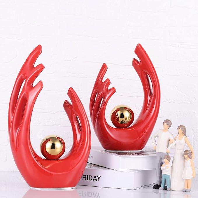 LCCCK 9.5" H Red Gold Aesthetic Room Decor Accent, TV Stand Funky Table Centerpiece, Abstract Art Ceramic Statue and Sculpture, Red Decor for Living Room, Bookshelf Decorative Objects, Shelf Decor