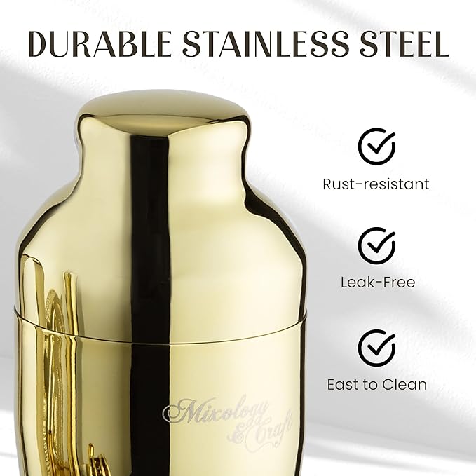 Mixology & Craft Cocktail Shaker Set with Bamboo Stand - Professional 18oz 10-Piece Bartender Kit - Complete Bar Set & Cocktail Mixer Kit for Home (Gold)