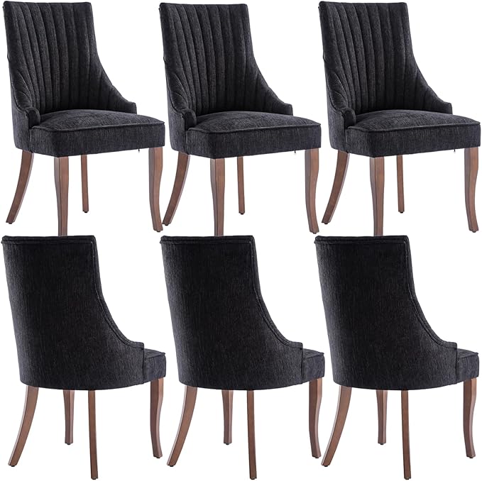 mikibama Linen Dining Chairs Set of 6 Channel Tufted Kitchen Dinner Chair Comfy Fabric Upholstered Accent Chair for Dining Room with Solid Wood Legs (Black 6pc)