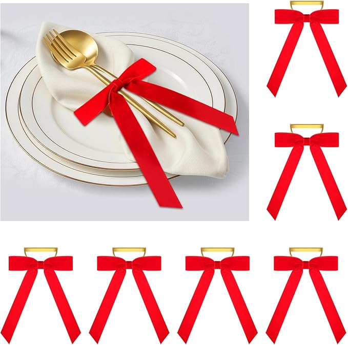 Riceshoot Velvet Bow Napkin Rings Bows with Gold Semicircle Metal Napkin Ring Velvet Bow Holder for Wine Bottles Table Settings Candlestick Wedding Valentine's Day Dinner(Red,6 Pcs)