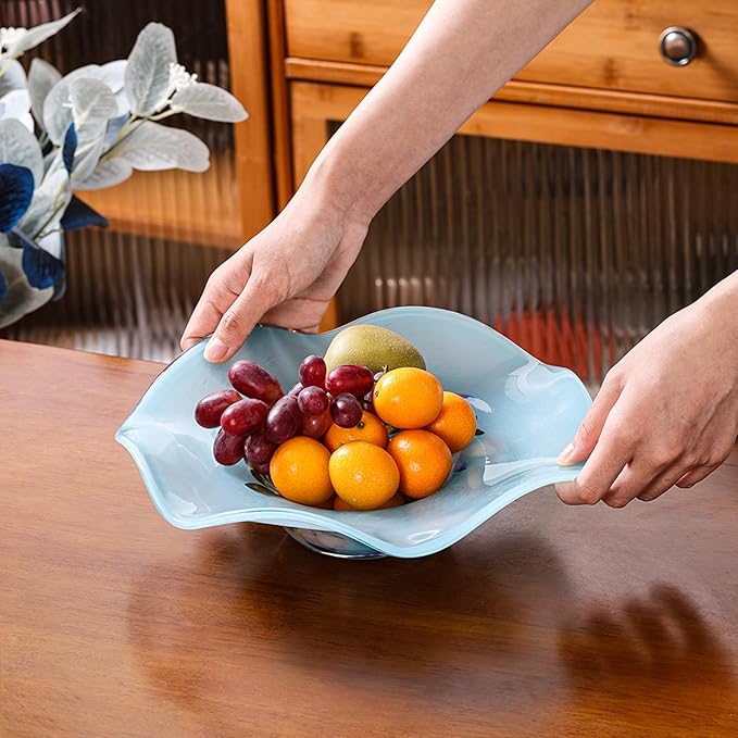 Hand Blown Murano-style Art Glass Bowl, 10.2-Inch Large Decorative Centerpiece for Table, Cobalt Blue Fruit Display & Kitchen Counter Decor