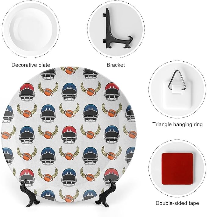 Decorative Plates, American Football Print Ornament, Rugby Championship Professional League Fun Game, 7 Inch, 1 Plate with 1 Display Stand, Multicolor