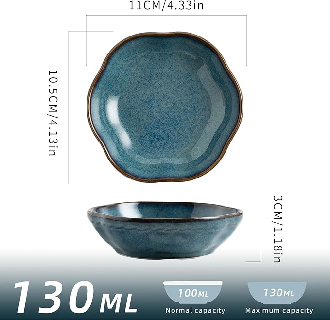 4.4Oz Kiln-Changed Dipping Bowls, 4.3 Inches Ceramic Flower-Shaped Soy Sauce Dishes, Small Appetizer/Side Plates Set of 4 (blue)