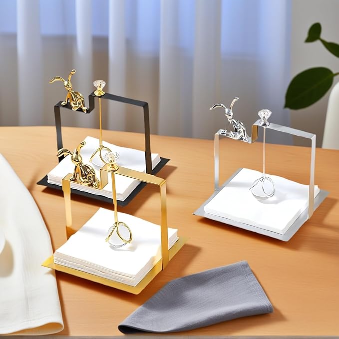 Bunny Napkin Holder for Tabletop, Decorative Square Plastic Rabbit Paper Towel Dispenser - Compact for Kitchen Counter, Home Bar, Farmhouse & Restaurant Table Decor (GOLD)