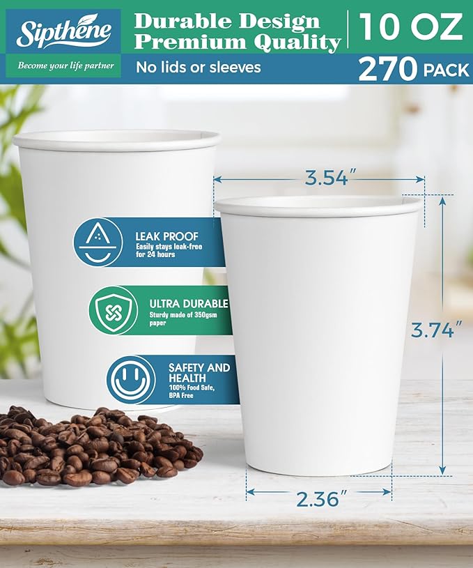 270 Pack 10 oz Disposable Paper Coffee Cups, White Paper Cups for Coffee and Water, Hot Drinking Cups for Party, Home, and Office
