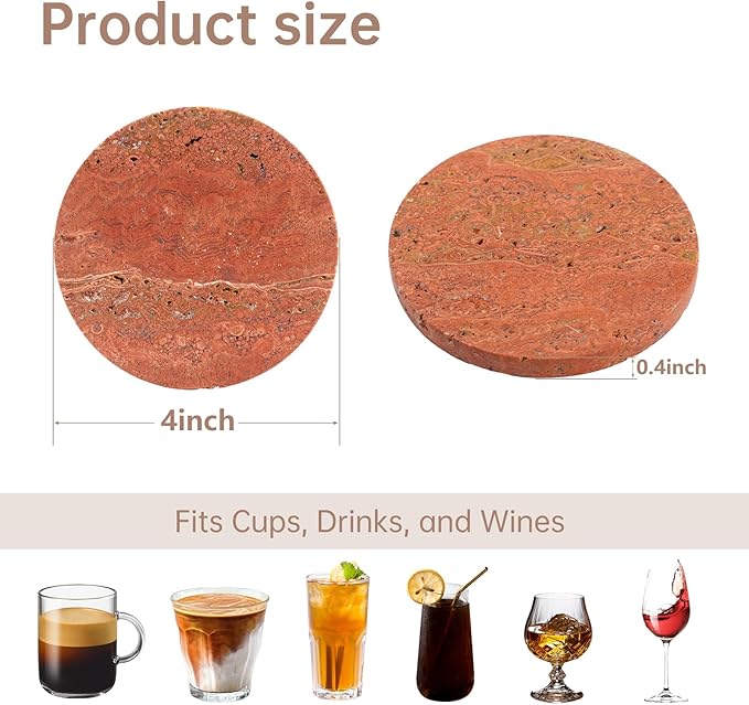 Red Travertine Coasters Set of 4, 10cm Diameter Natural Stone Coasters with Non-Slip Cork Backing, for Coffee Table Kitchen Office Decor