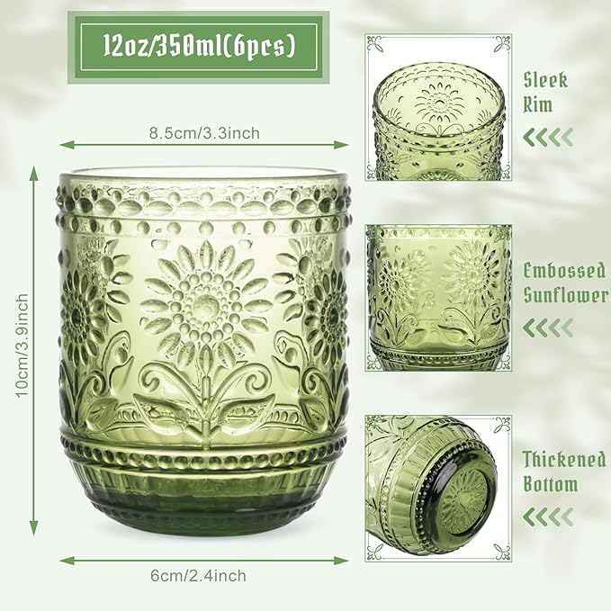 Topsky Vintage Drinking Glass Set of 6,12 oz Embossed Floral Decorative Glassware Set,Glass Cups Wine Glasses Beverages Tumblers Colored Glassware for Whisky,Beer,Juice,Cocktail,Heavy Duty