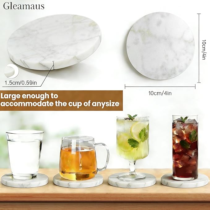 Natural Marble Coasters, Round Costers, Luxury Aesthetic Modern Decor for Coffee Table Bar Kitchen Home, White Marble, Real Natural Semi Absorbent Stone Coasters