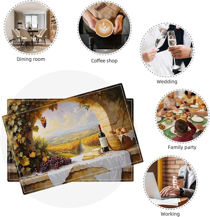 Wine Placemats Set of 4, French Country Grape Place Mats, Grapes Waterproof Washable Table Mats for Home Party Indoor Kitchen Dining Table Decoration 12x18 Inch