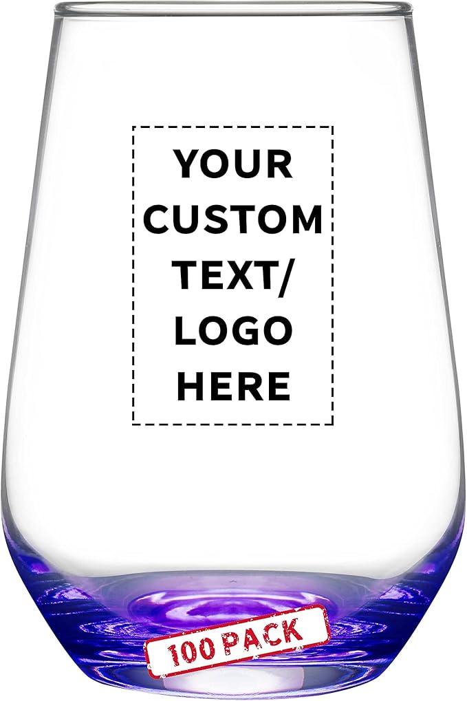 DISCOUNT PROMOS 100 Vaso Silicia Stemless Wine Glasses Set, 16 oz. - Personalized Text, Logo - Clear, Orb-Like, Thick base - Purple