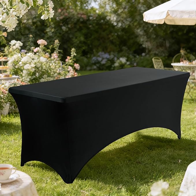 VidaFete Spandex Tablecloth 2 Pack 8FT, Fitted Stretch Table Cover for Rectangle Tables, Wrinkle Resistant and Washable Tablecloths for Outdoor, Picnic, Party, Wedding, Banquet, Birthday, Black