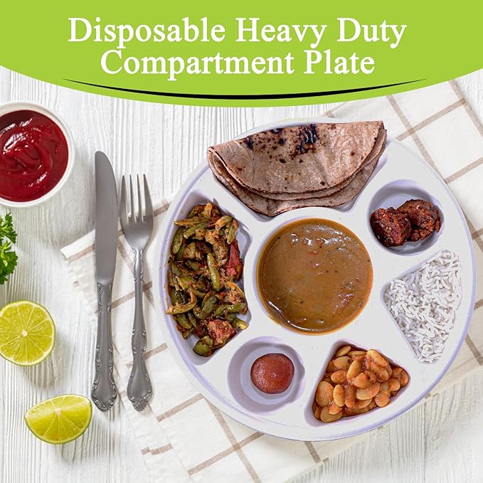 three leaf 7 COMPARTMENT BAGASSE ROUND PLATE, 100 Ct. Heavy-Duty- Super Strong- Natural- Eco-Friendly Disposable Bagasse Plates, 100% Biodegradable 7 compartment plates