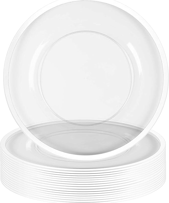 PARTY BARGAINS 13-Inch Charger Plates - 16 Pack, Clear White Rim, Heavy-Duty Disposable Chargers for Elegant Dining - Ideal for Weddings and Formal Events