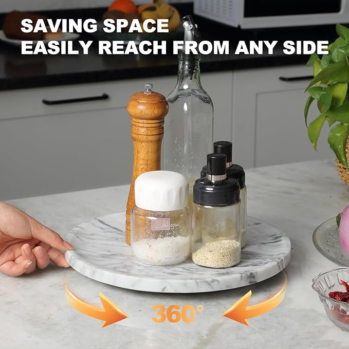 Koville Italian Natural Marble Lazy Susan, Round Marble Turntable Organizer for Spices, Rotating Cheese Board for Dining Table Display, Kitchen Countertop Spinning Serving Tray-Arabescato(White)