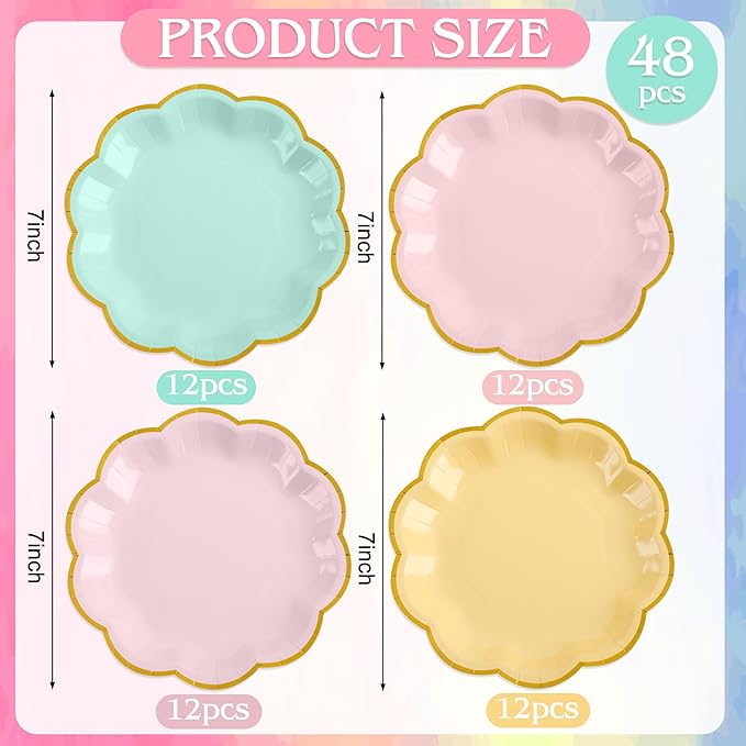 48 Pcs Pastel Scalloped Paper Plates 7 Inch Disposable Macaron Colorful Dessert Plates with Gold Edge Gradient Rainbow Party Supplies for Wedding Birthday Baby Shower Bridal Summer Decorations