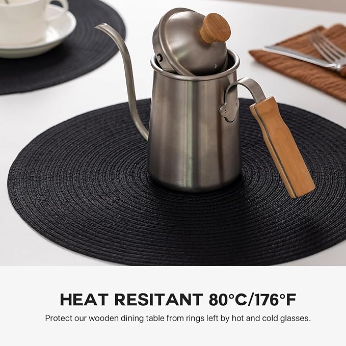 Round Placemats Set of 4 Woven Placemats Washable Braided Table Mats for Dining Table Heat Resistant Non-Slip Circle Place Mats(Black)