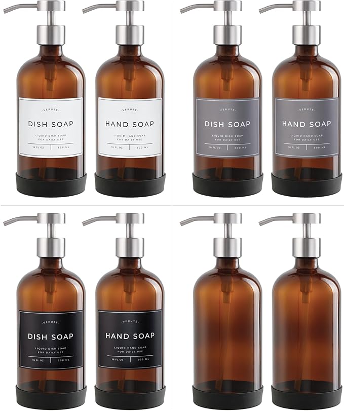 Hand and Dish Soap Dispenser for Kitchen and Bathroom, Set of 2 16 Oz Glass Bottles, Stainless Steel Pumps, Non-Slip Silicone Base, 27 Waterproof Labels (Amber Bottle/Brushed Silver Pump)