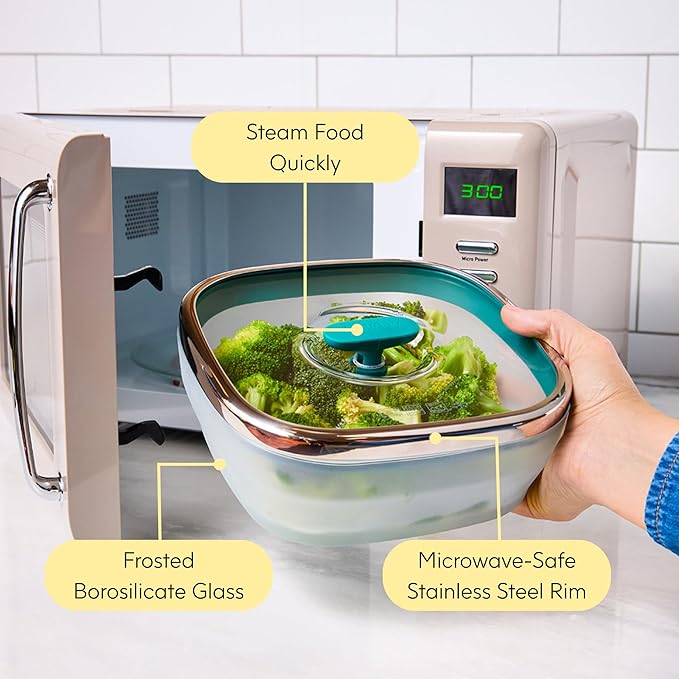 Anyday 5.5-Cup Square Glass Food Storage with Glass Lid | Plastic-Free Meal Prep & Microwave Cookware | Stackable Airtight Storage Container with Vented Lid for Microwave-Safe Reheating