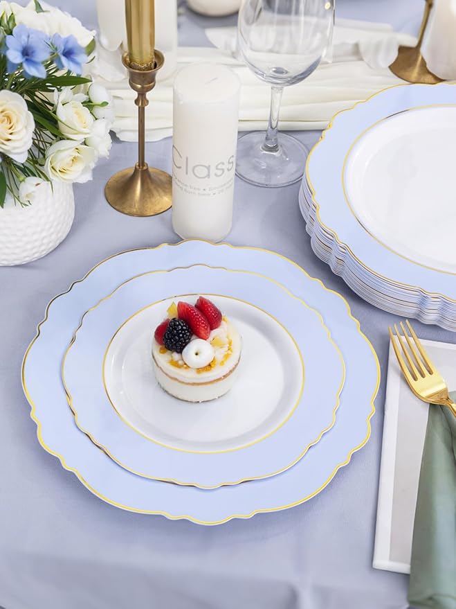 WDF 60pcs Blue Plates Disposable With Gold Rim - Baroque Baby Blue Plastic Party Plates for Wedding/Party/Baby Shower