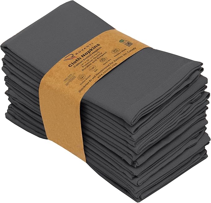 Ruvanti Cloth Napkins Set of 12, 18x18 Inches Napkins Cloth Washable, Soft, Durable, Absorbent, Cotton Blend. Table Dinner Napkins Cloth for Hotel, Lunch, Restaurant, Weddings, Parties - Dark Grey