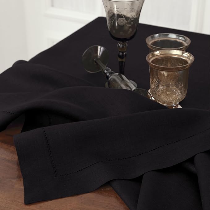 Solino Home Black Linen Tablecloth 60 x 156 Inch - Classic Hemstitch, 100% Pure Linen Rectangular Tablecloth - Machine Washable Table Cloth for Spring, Easter