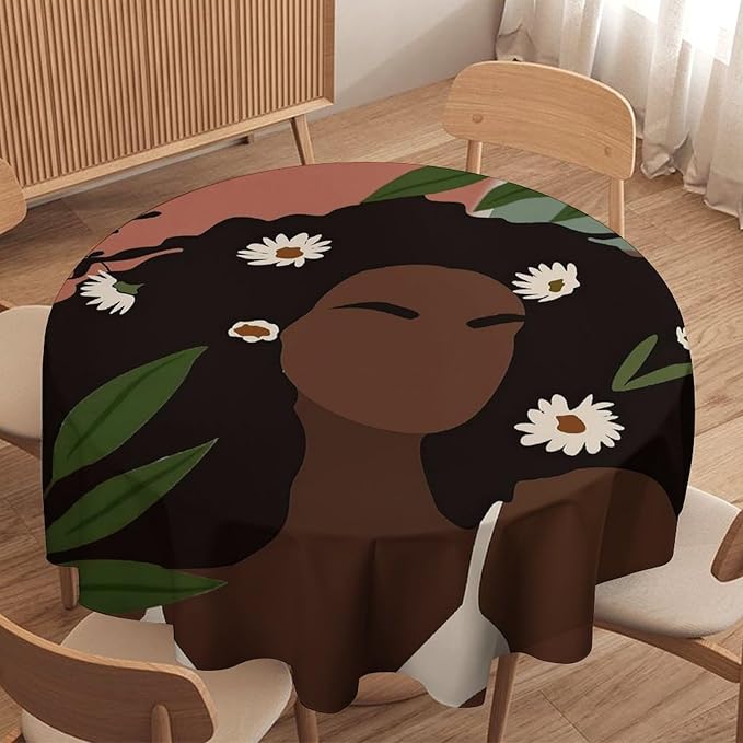 Bohemian Retro Mid Century Round Tablecloth, African Woman Girl Leaves Flower Tablecloth for Home Party Dining Room Kitchen Decor 50Inch(127cm)