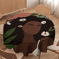 Bohemian Retro Mid Century Round Tablecloth, African Woman Girl Leaves Flower Tablecloth for Home Party Dining Room Kitchen Decor 60Inch(152cm)