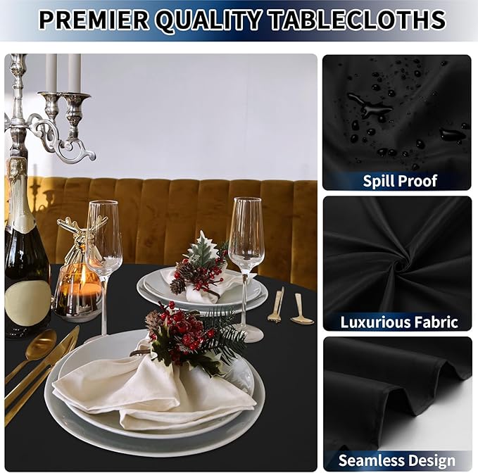 PureFit 10 Pack Round Black Table Cloths 90 Inch for Round Tables, Stain and Wrinkle Resistant Table Linens for Home Use, Wedding, Party, Banquet and Camping