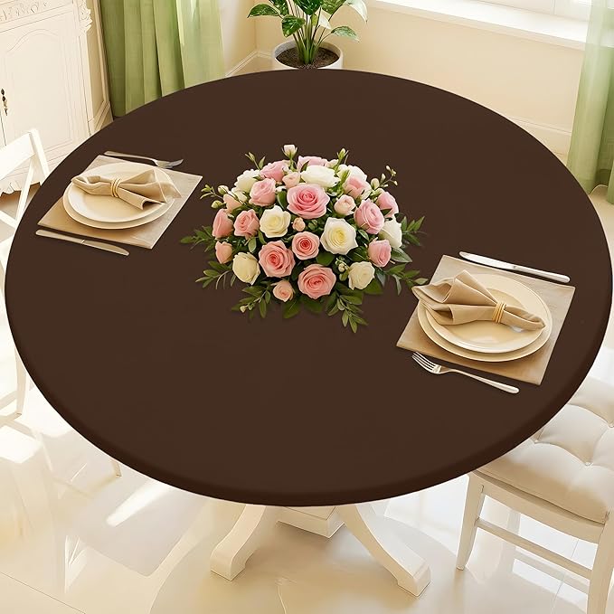 Round Spandex Tablecloth, Elastic Fitted Waterproof Tablecloths for 36"-44" Tables, Stretch Washable Picnic Table Cover for Camping, Dining, Indoor and Outdoor, Coffee