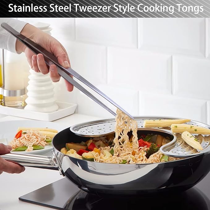 JETKONG 4 Pcs Kitchen Tweezers Tongs Stainless Steel Cooking Tweezers Set, Professional Kitchen Long Tweezer for Cooking, Repairing, and BBQ (10+12-Inch, Silver)