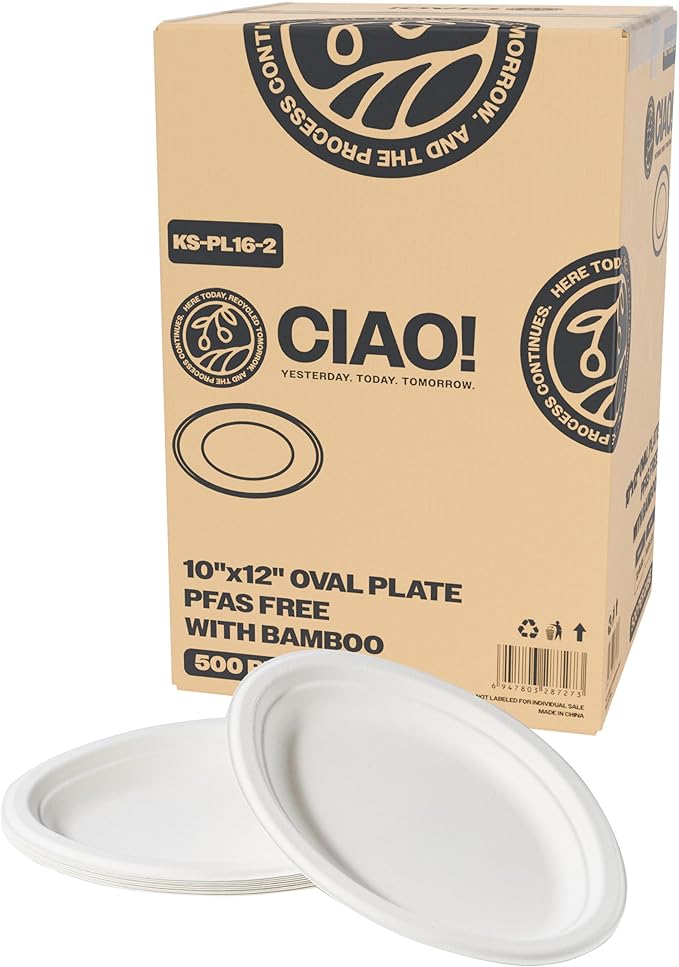 CIAO! 10"X12" Heavy Duty Oval Plate 100% Compostable PFAS Free Unbleached Bagasse Natural White (Pack of 500)