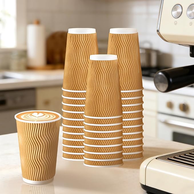 500 Pack 16 oz Disposable Coffee Cups No Lids, Insulated Ripple Wall Paper Coffee Cups 16oz for Hot Chocolate Tea Home Travel Office (Champagne)