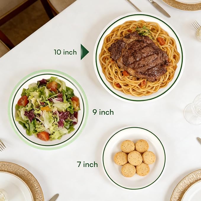 White Paper Plates with Green Circle Stripes (10" Dinner Plates, 100, Count)