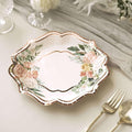 50 Pack 8" White/Rose Gold Floral Print Scallop Rim Dessert Plates, Disposable Round Paper Appetizer Salad Plates 300 GSM for Party Decoration