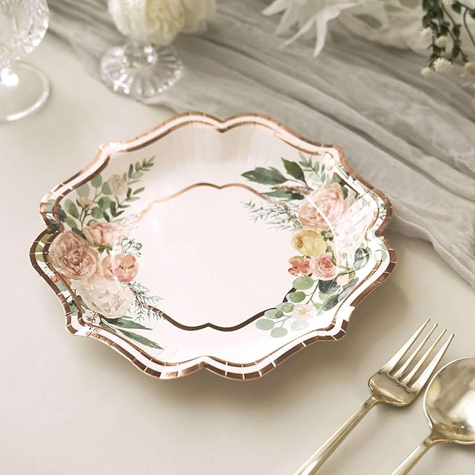 50 Pack 8" White/Rose Gold Floral Print Scallop Rim Dessert Plates, Disposable Round Paper Appetizer Salad Plates 300 GSM for Party Decoration