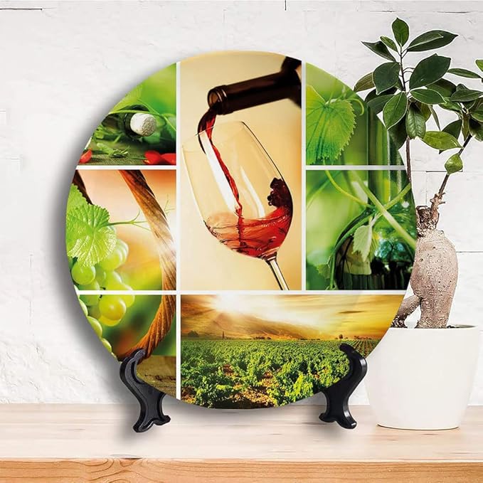 Decorative Plates, Wine Print Ornament, Wine Tasting and Grapevine Collage Green Fresh, 10 Inch, Kitchen Wall Decor, Green Ruby Caramel