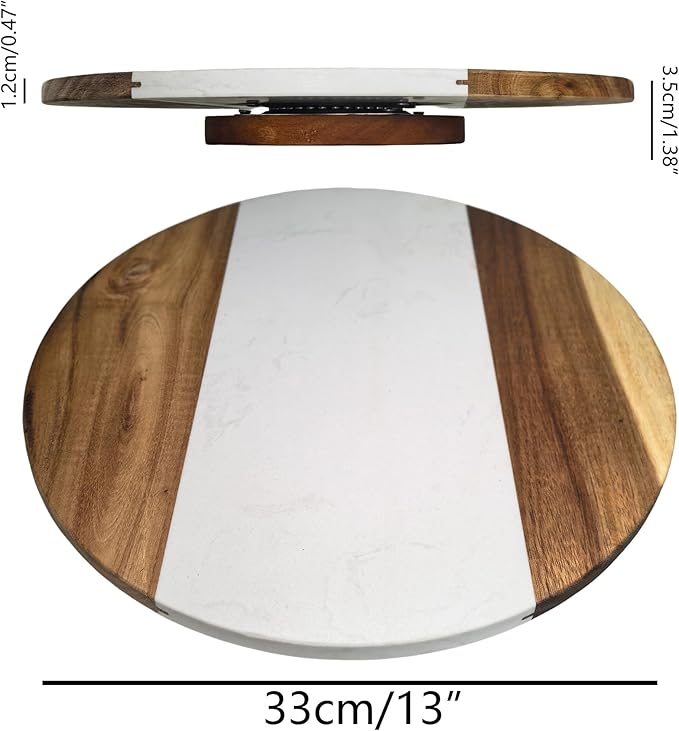 13 Inch Marble and Acacia Wood Lazy Susan – Rotating Serving Tray for Dining Table, Kitchen Island or Coffee Table, Decorative Turntable with Natural Marble Top & Wooden Frame