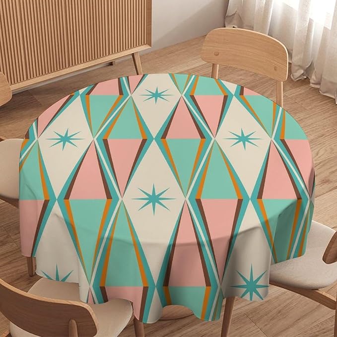 Mid Century Round Tablecloth, Vintage Bohemian Modern Mid-Century 50s 60s Print Tablecloth for Home Party Dining Room Kitchen Decor 70Inch(178cm)