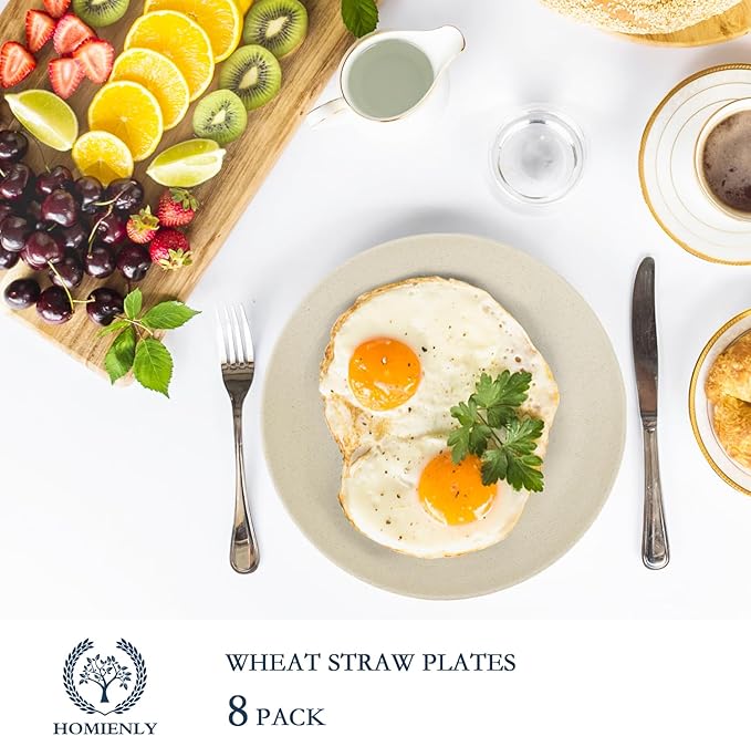 Homiely Dinner Plates Set of 8 - Wheat Straw, Microwave & Dishwasher Safe, Unbreakable, Kids Plates with Pattern (Beige, 9 inch)/Product of Alternative to Plastic