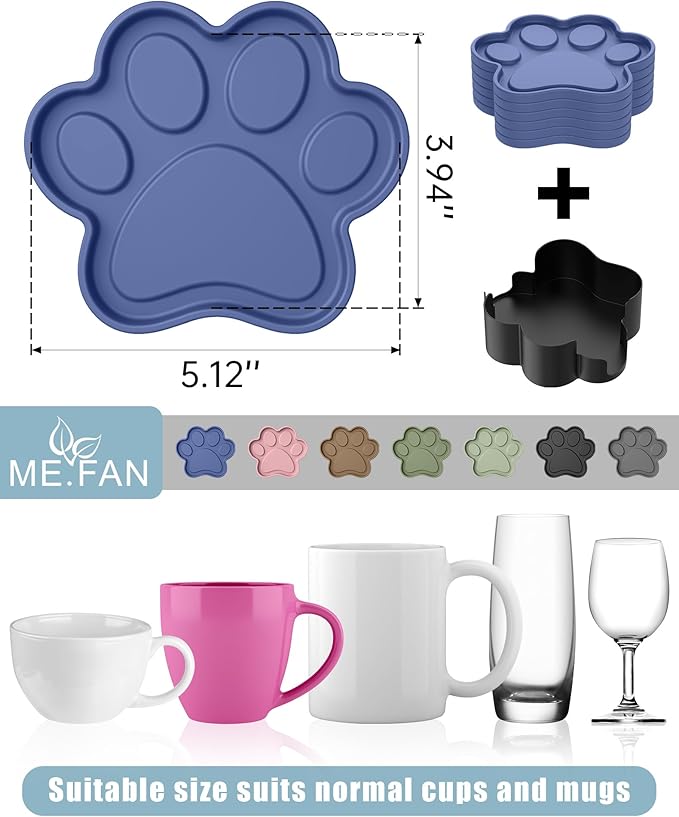 ME.FAN Silicone Coasters 6 Pack Paw Cup Mat with Holder, Dog Cat Paw Shape, for Hot or Cold Drink, Non-Slip, Non-Stick, Room Decor, Housewarming Navy Blue