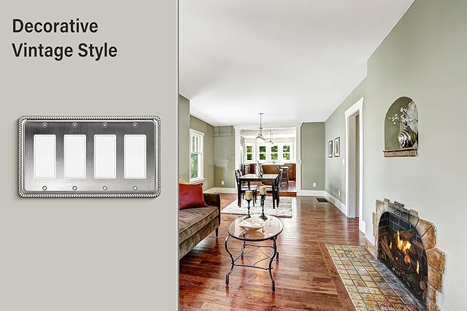 Henne Bery Rope Edge Decorative Wall Plate Switch Plate Outlet Cover (Quad Decorator, Heirloom Silver)