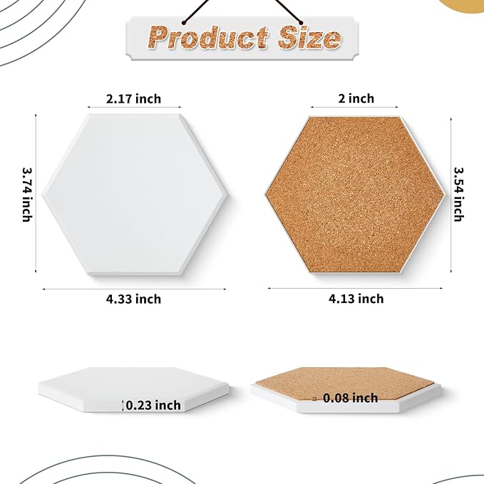 Zopeal 48 Pcs Ceramic Tiles for Crafts Coasters Include Unglazed White Ceramic Tiles with Cork Backing Pads Use with Alcohol Ink Acrylic Pouring for DIY Project Gift (Hexagon)